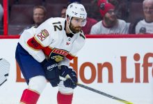 OTTAWA, ON - MARCH 20: Florida Panthers Defenceman Ian McCoshen (12) prepares for a face-off during third period National Hockey League action between the Florida Panthers and Ottawa Senators on March 20, 2018, at Canadian Tire Centre in Ottawa, ON, Canada. (Photo by Richard A. Whittaker/Icon Sportswire via Getty Images)